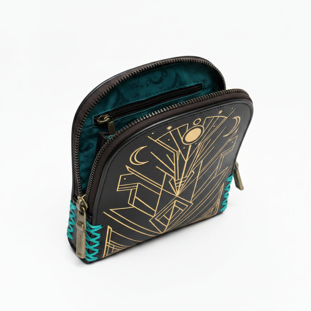 Handmade Leather Peacock Coin Purse - Black/Gold/Teal