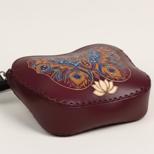 Light In The Space Handmade Leather Butterfly Crossbody Bag - Burgundy / Blue / Gold.