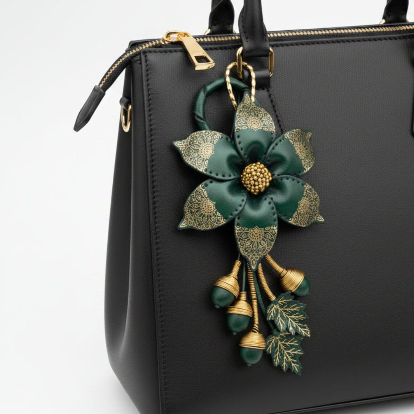 Light In The Space Handmade Leather Flower Bag Charm - Dark Green / Gold Mandala Boho Accessory.