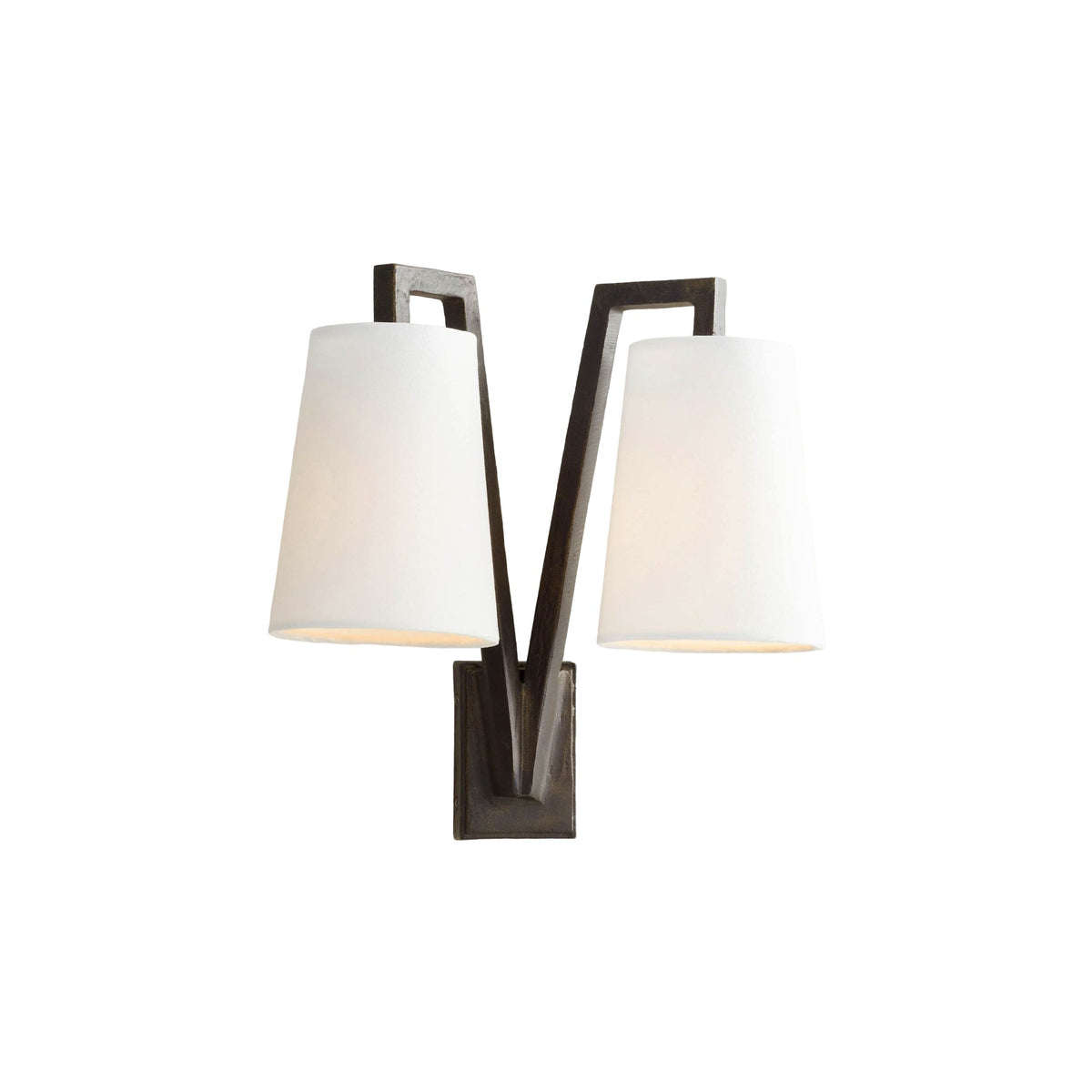 Lena Double Wall Lamp with two light fabric shades on angular dark arms.