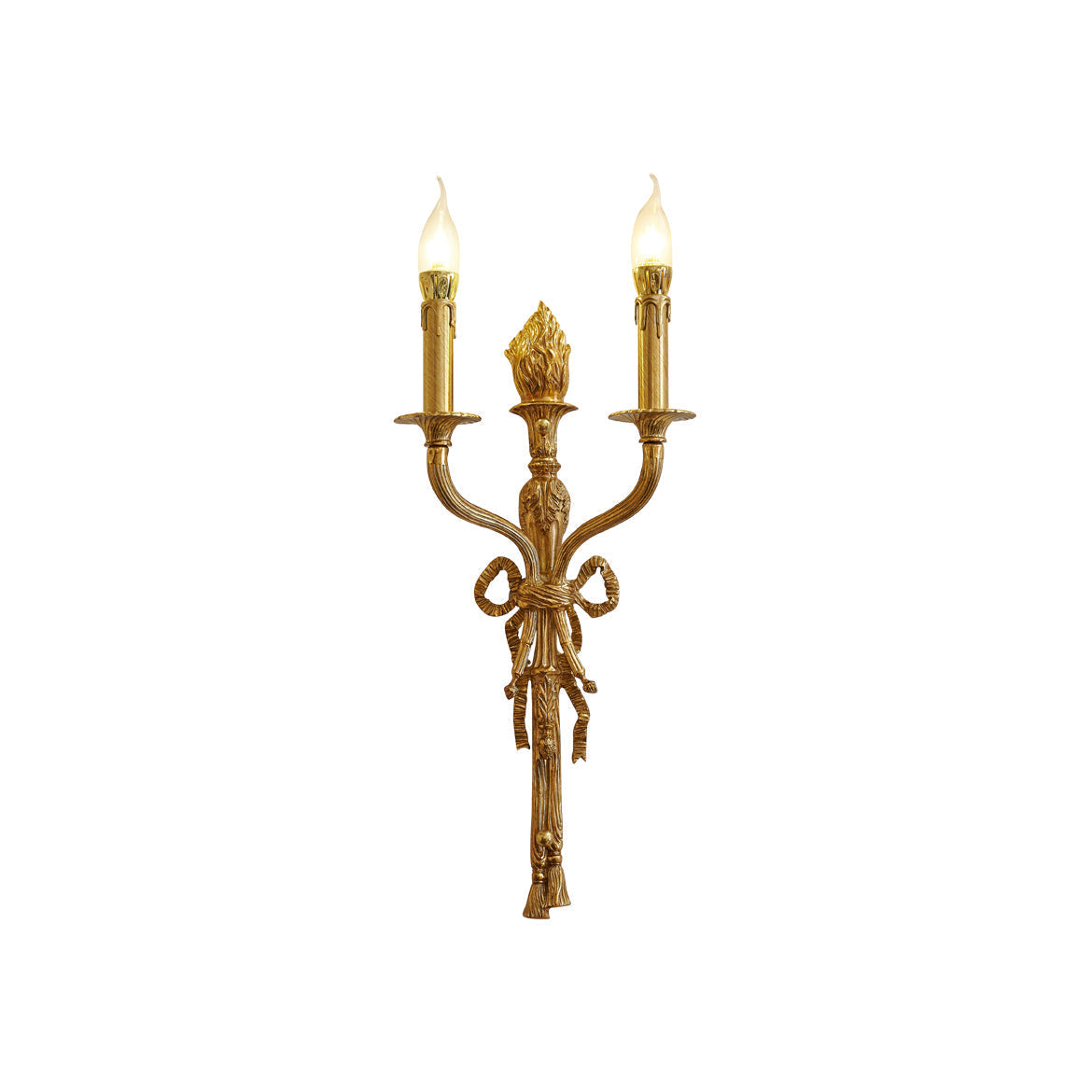 Madeleine brass wall lamp with two candle-style arms and an ornamental ribbon motif.