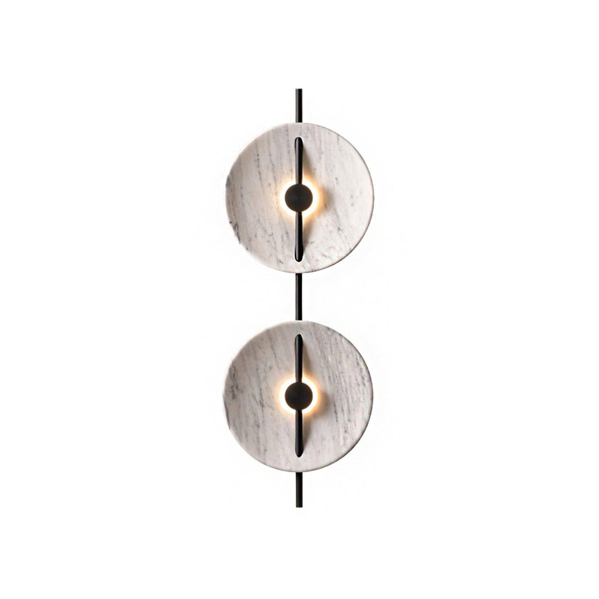 Mito Marble Wall Lamp with two pale circular marble elements on a vertical dark stem.