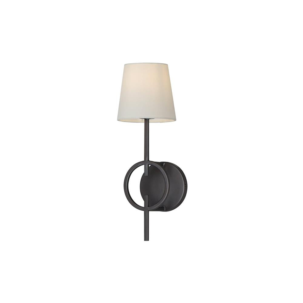 Paoli wall lamp with a tall dark stem, ring detail and pale fabric shade