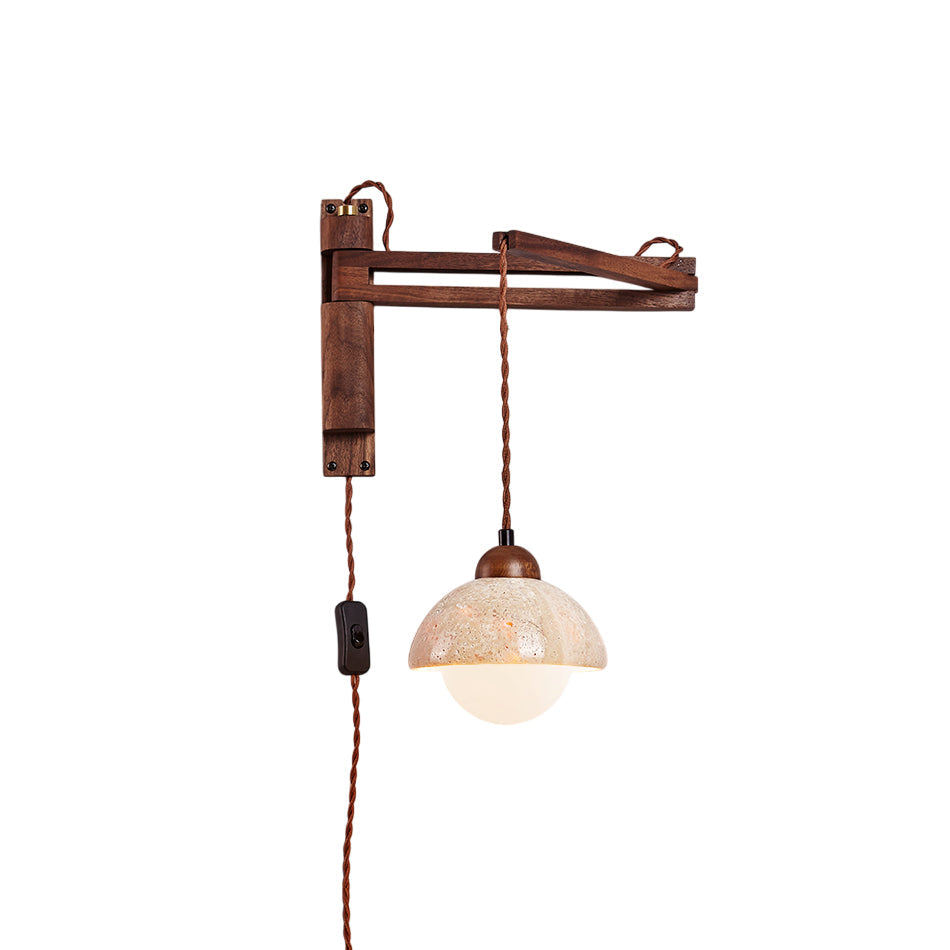 Tia plug-in wall sconce with a wood swing arm, hanging stone shade and visible cord.