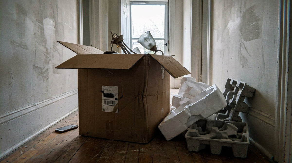A freight carton opened on a hallway floor with an impact crease and packing pulled out