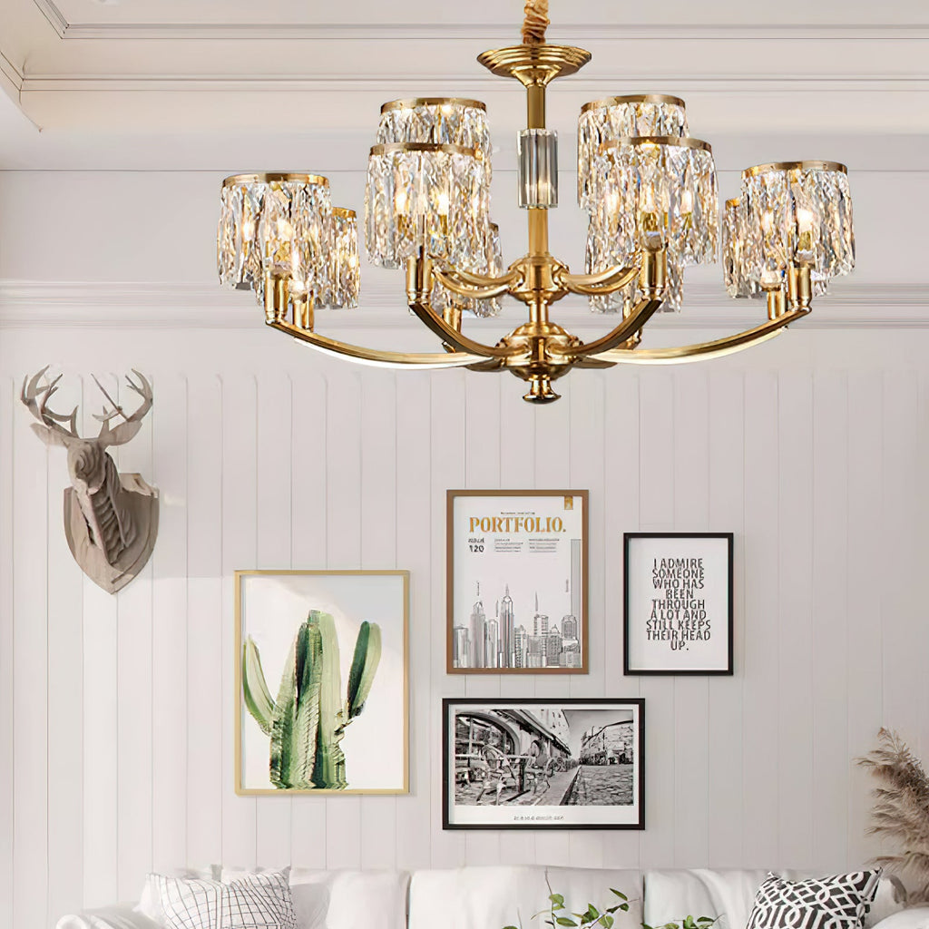 Crystal Column Brass Chandelier — view 12