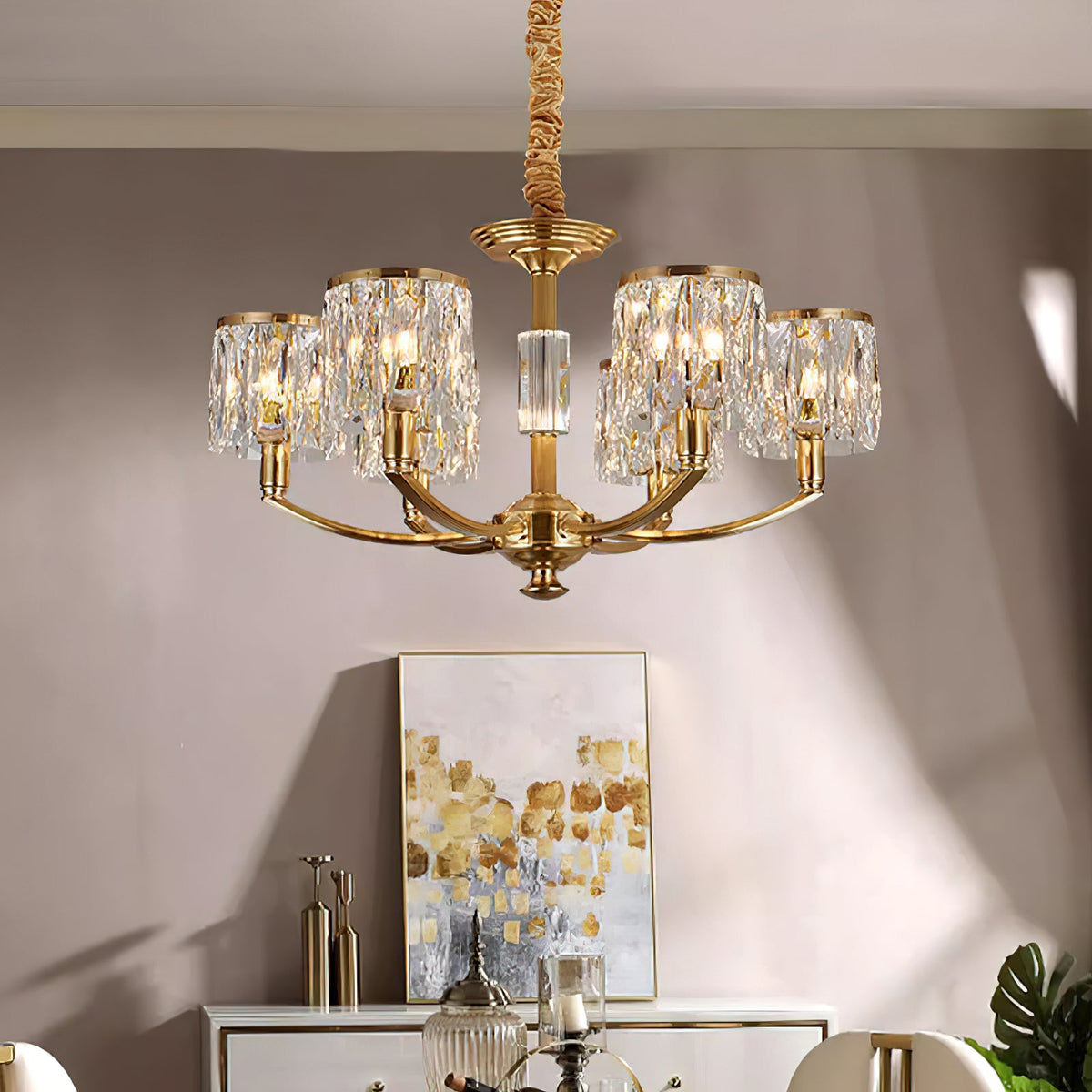 Crystal Column Brass Chandelier — view 13