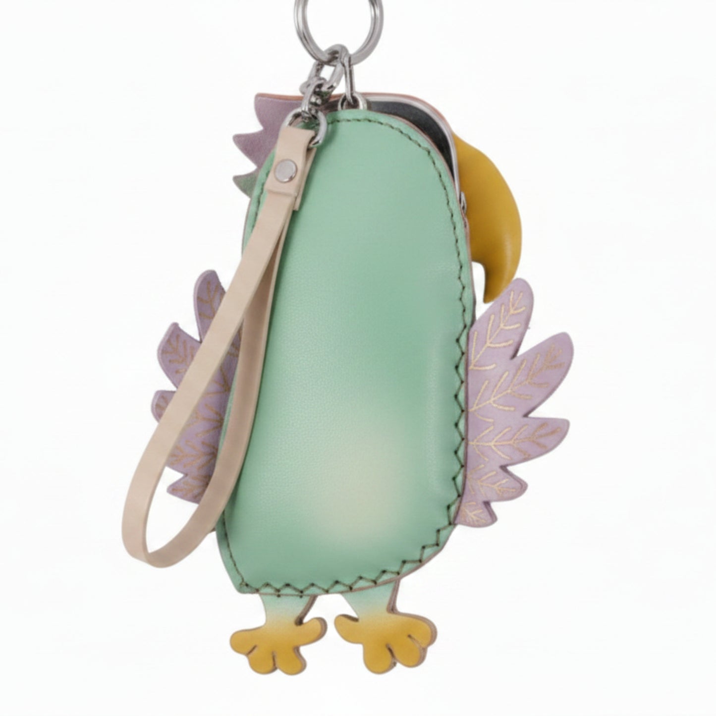 Green Purple Pink Handmade Leather Parrot Coin Purse - Boho Wristlet Keychain