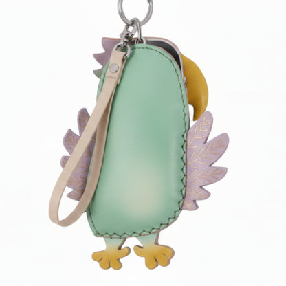 Green Purple Pink Handmade Leather Parrot Coin Purse - Boho Wristlet Keychain