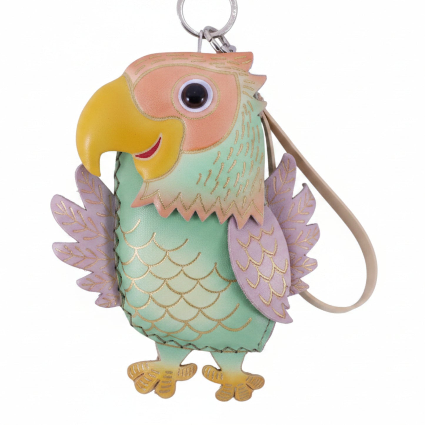 Green Purple Pink Handmade Leather Parrot Coin Purse - Boho Wristlet Keychain