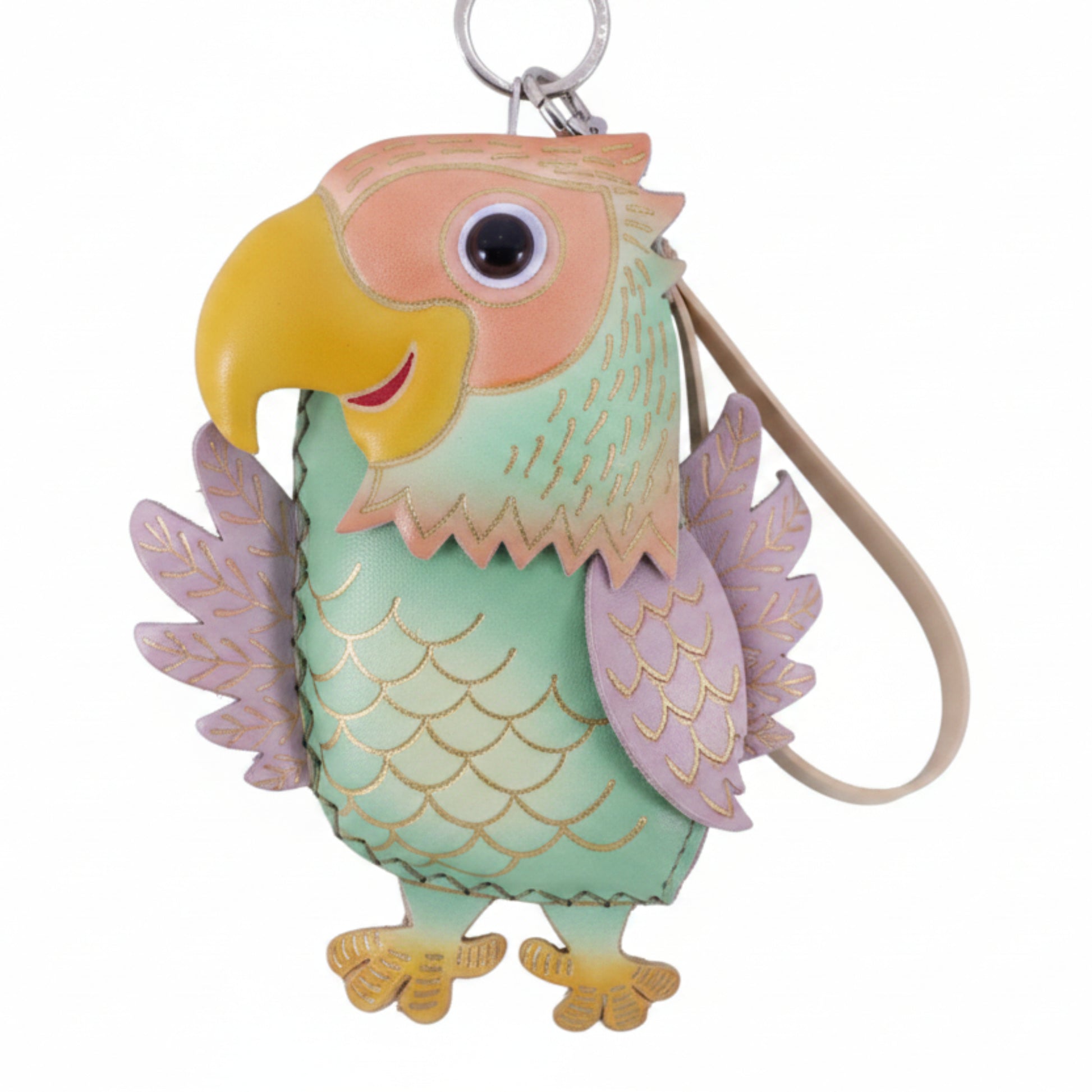 Green Purple Pink Handmade Leather Parrot Coin Purse - Boho Wristlet Keychain