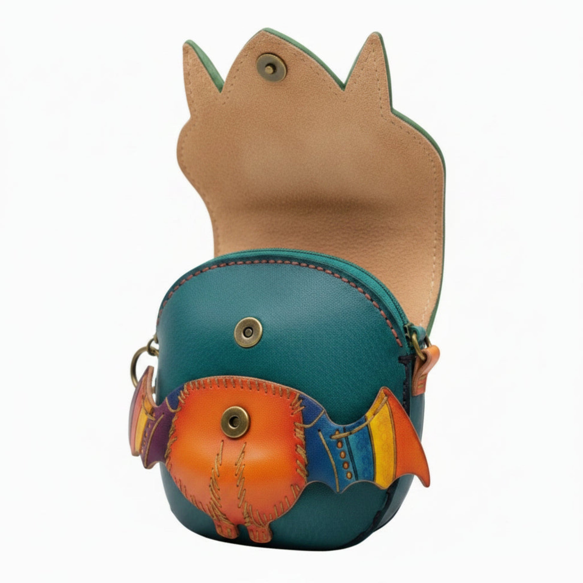 Handmade 3D Leather Bat Crossbody Bag - Teal Green Orange Multi-Color