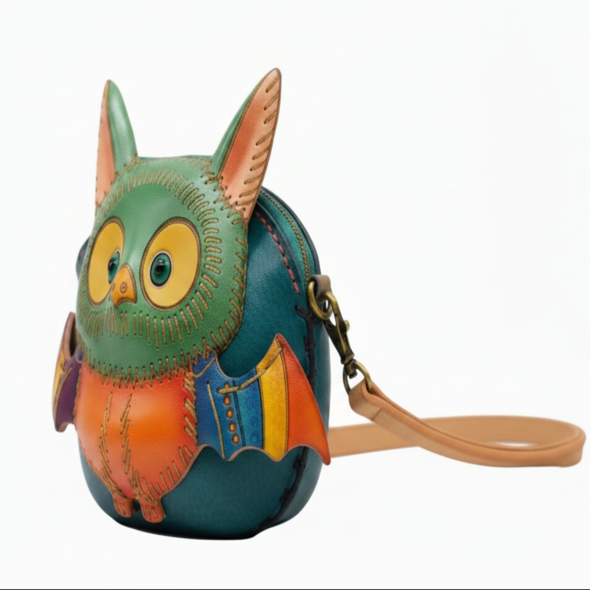 Handmade 3D Leather Bat Crossbody Bag - Teal Green Orange Multi-Color Animal Purse.