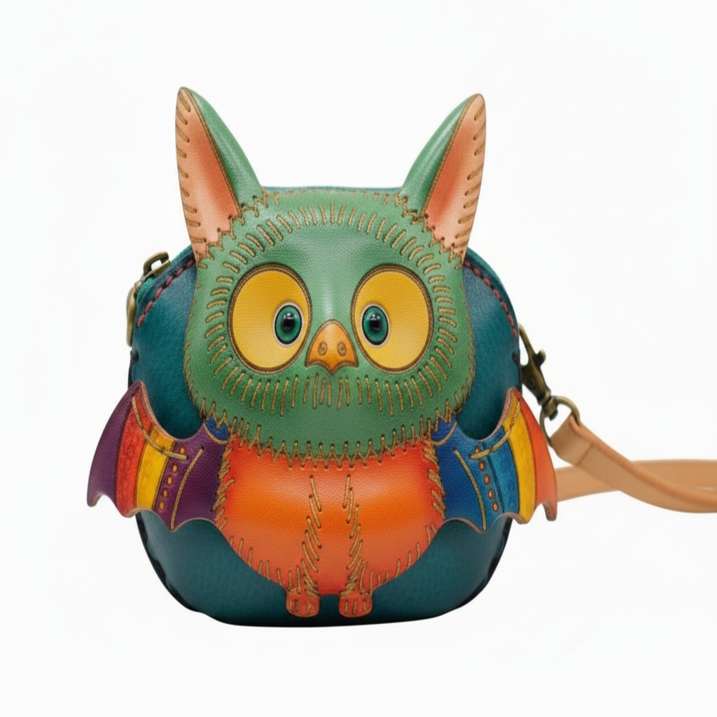Handmade 3D Leather Bat Crossbody Bag - Teal Green Orange Multi-Color Animal Purse