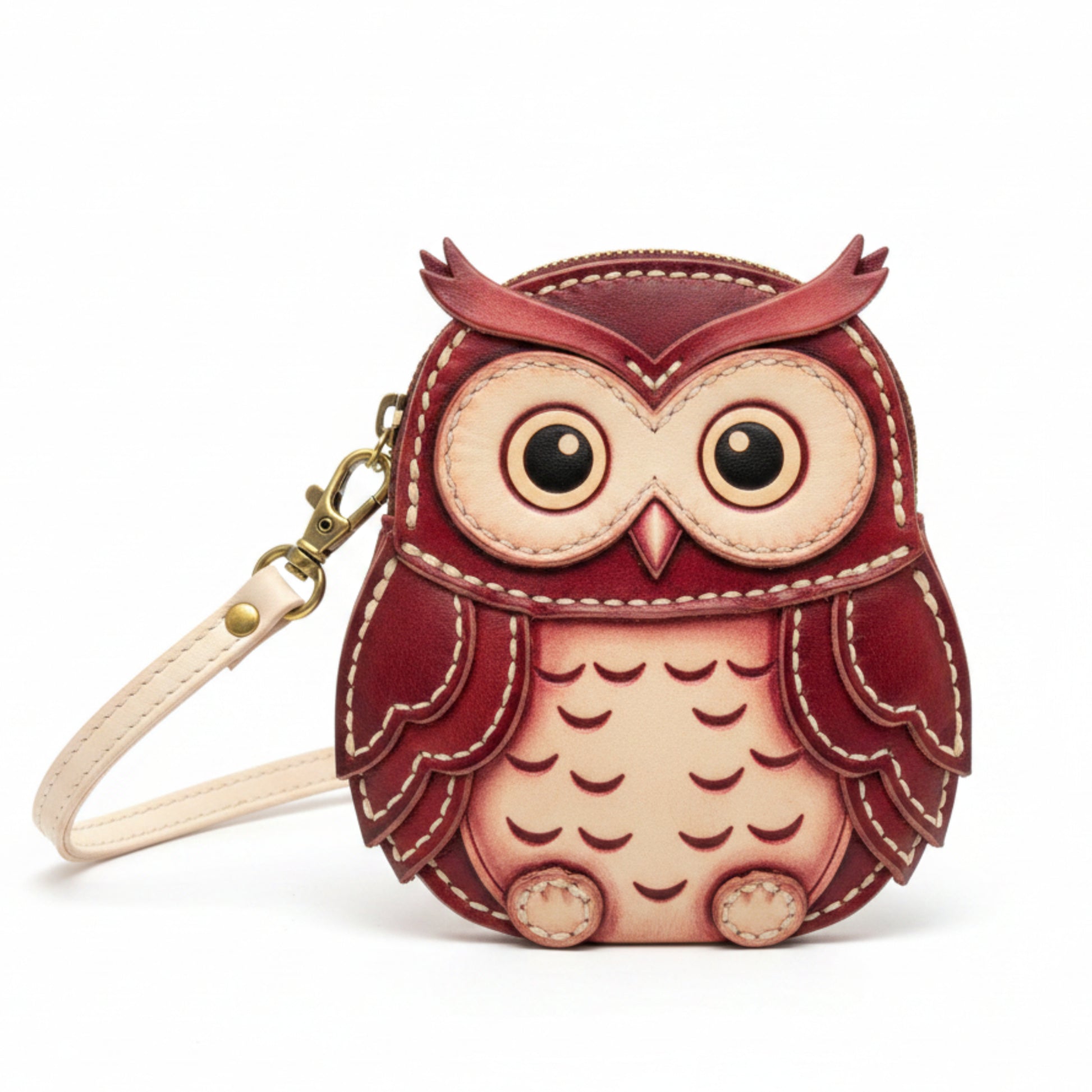 Handmade Leather Owl Coin Purse - Maroon/Cream - Light In The Space