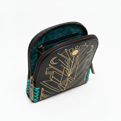 Handmade Leather Peacock Coin Purse - Black/Gold/Teal 