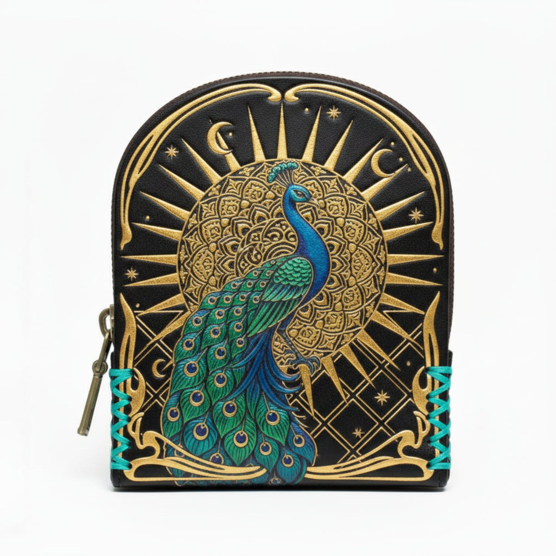 Handmade Leather Peacock Coin Purse - Black/Gold/Teal - Light In The Space