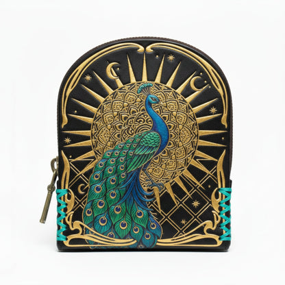Handmade Leather Peacock Coin Purse - Black/Gold/Teal - Light In The Space