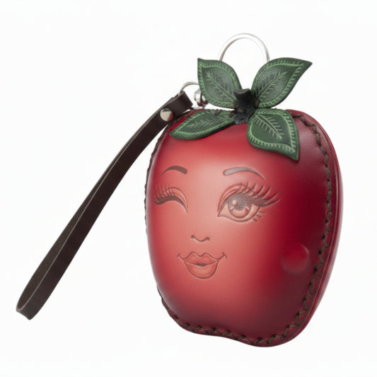 Light In The Space Handmade Leather Apple Coin Purse - Red / Green Winking Face Fruit Wristlet.