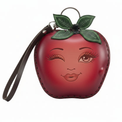 Light In The Space Handmade Leather Apple Coin Purse - Red / Green Winking Face Fruit Wristlet