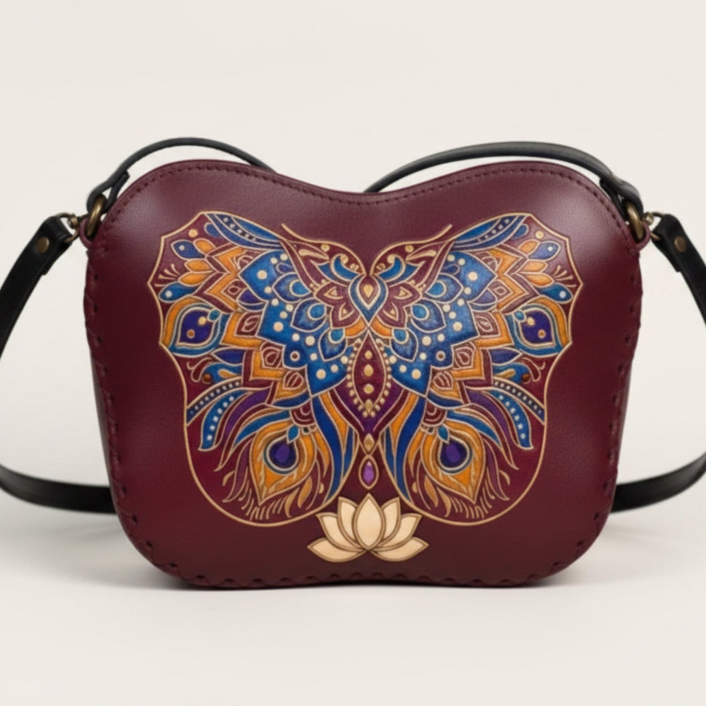 Light In The Space Handmade Leather Butterfly Crossbody Bag - Burgundy / Blue / Gold