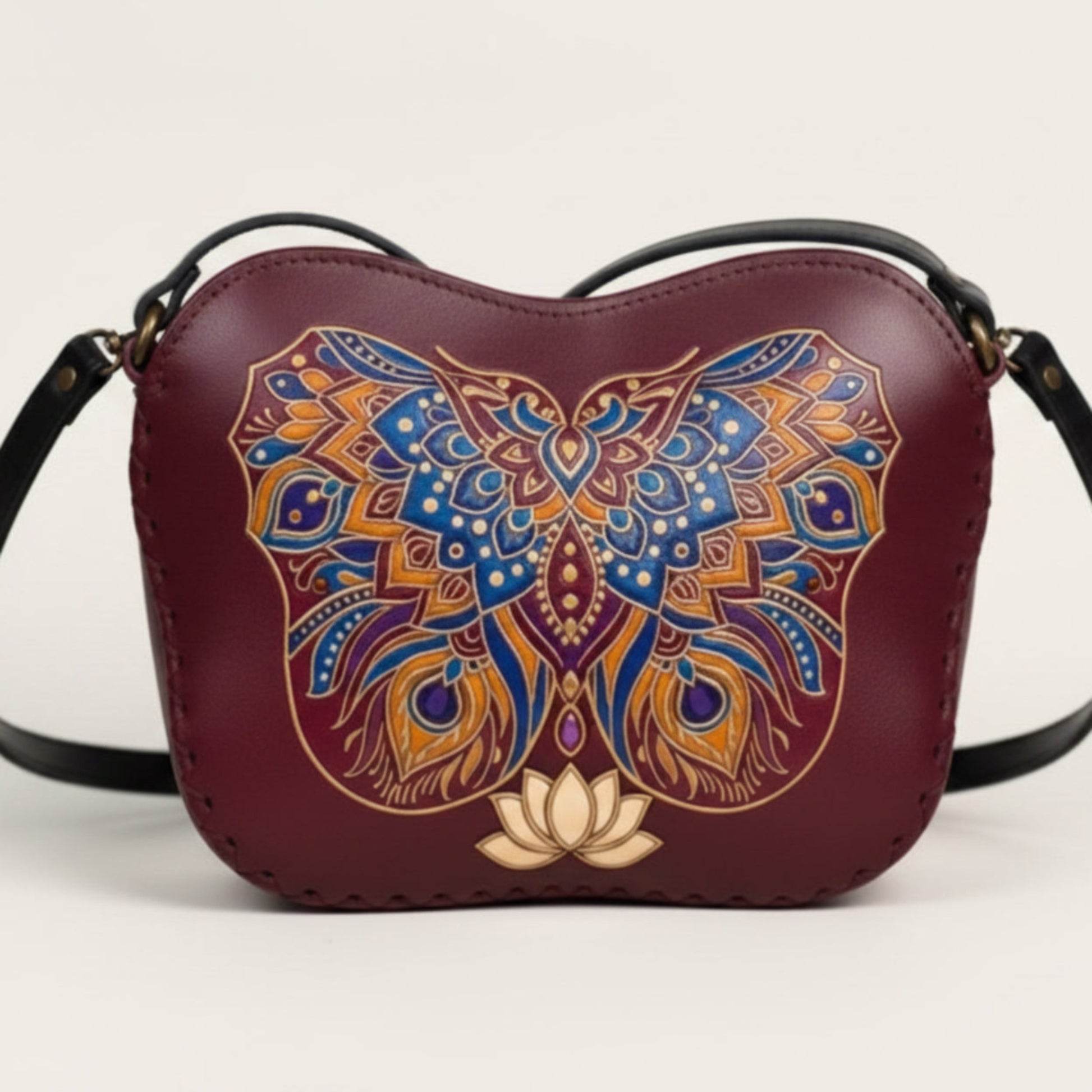 Light In The Space Handmade Leather Butterfly Crossbody Bag - Burgundy / Blue / Gold