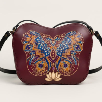 Light In The Space Handmade Leather Butterfly Crossbody Bag - Burgundy / Blue / Gold