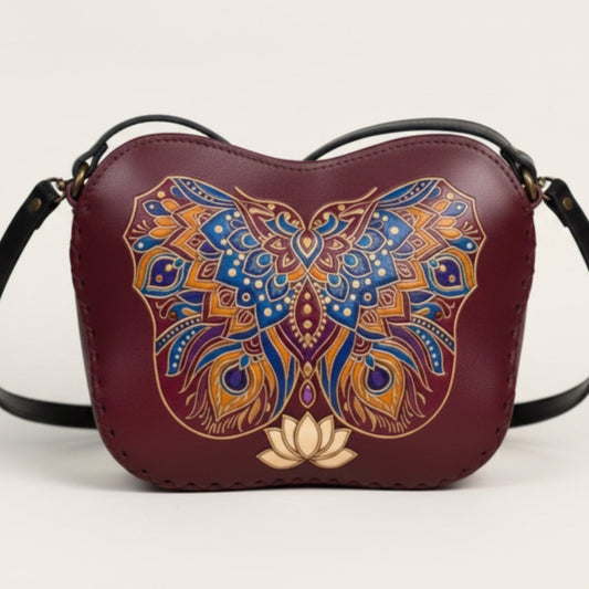 Light In The Space Handmade Leather Butterfly Crossbody Bag - Burgundy / Blue / Gold