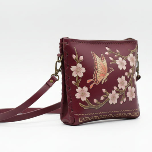Light In The Space Handmade Leather Butterfly Crossbody Bag - Burgundy / Pink Cherry Blossom.