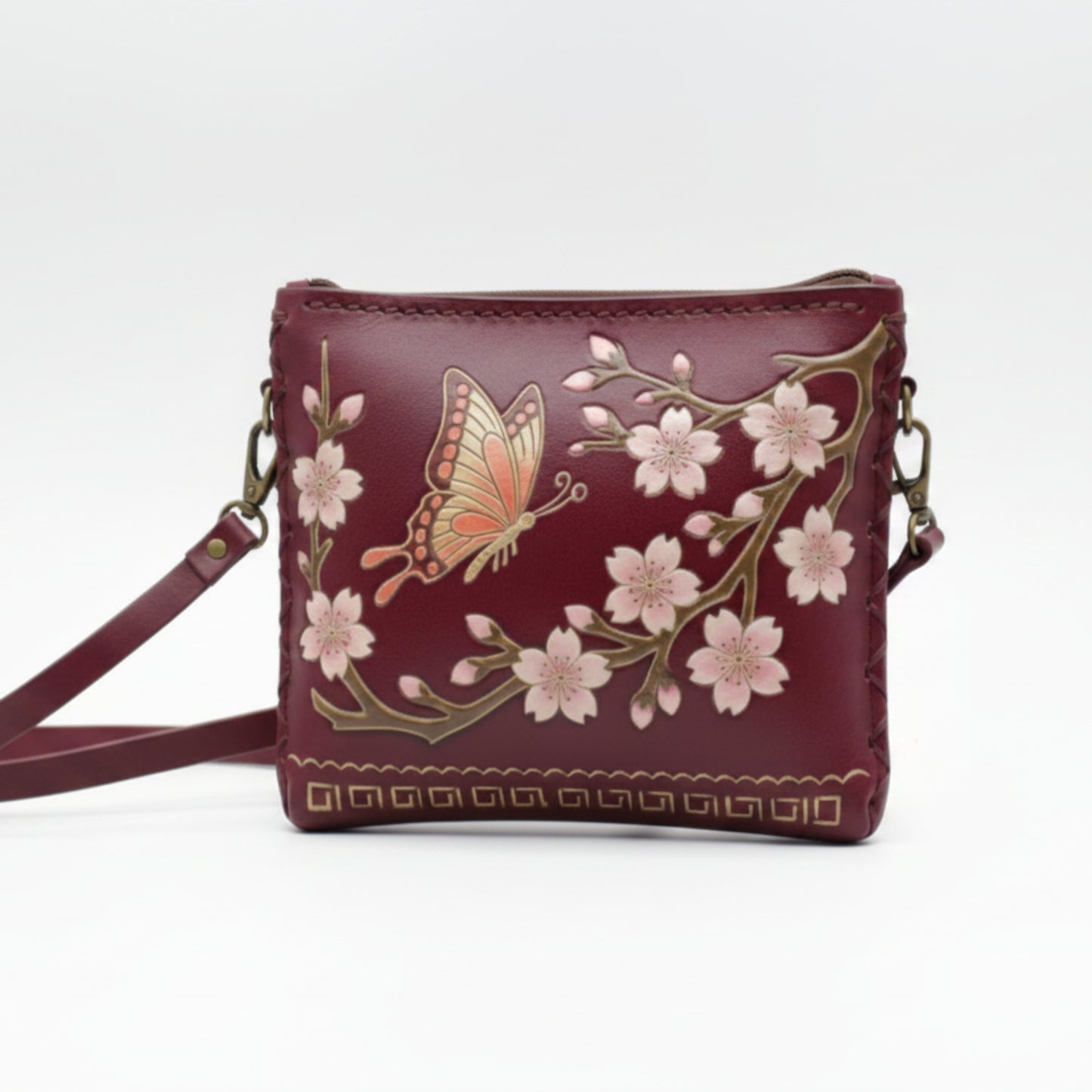Light In The Space Handmade Leather Butterfly Crossbody Bag - Burgundy / Pink Cherry Blossom