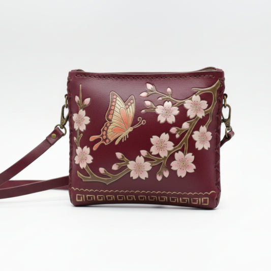 Light In The Space Handmade Leather Butterfly Crossbody Bag - Burgundy / Pink Cherry Blossom