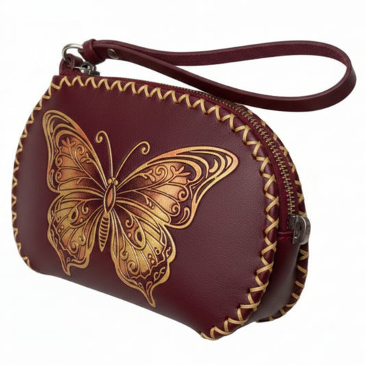 Light In The Space Handmade Leather Butterfly Wristlet Clutch Bag - Burgundy / Gold.