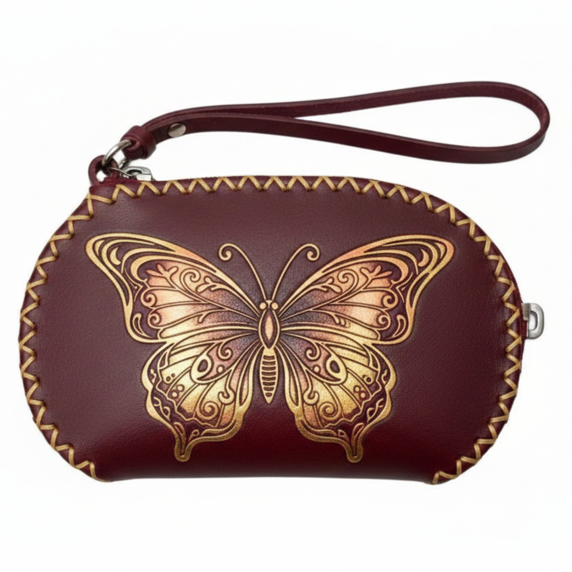 Light In The Space Handmade Leather Butterfly Wristlet Clutch Bag - Burgundy / Gold