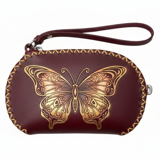 Light In The Space Handmade Leather Butterfly Wristlet Clutch Bag - Burgundy / Gold