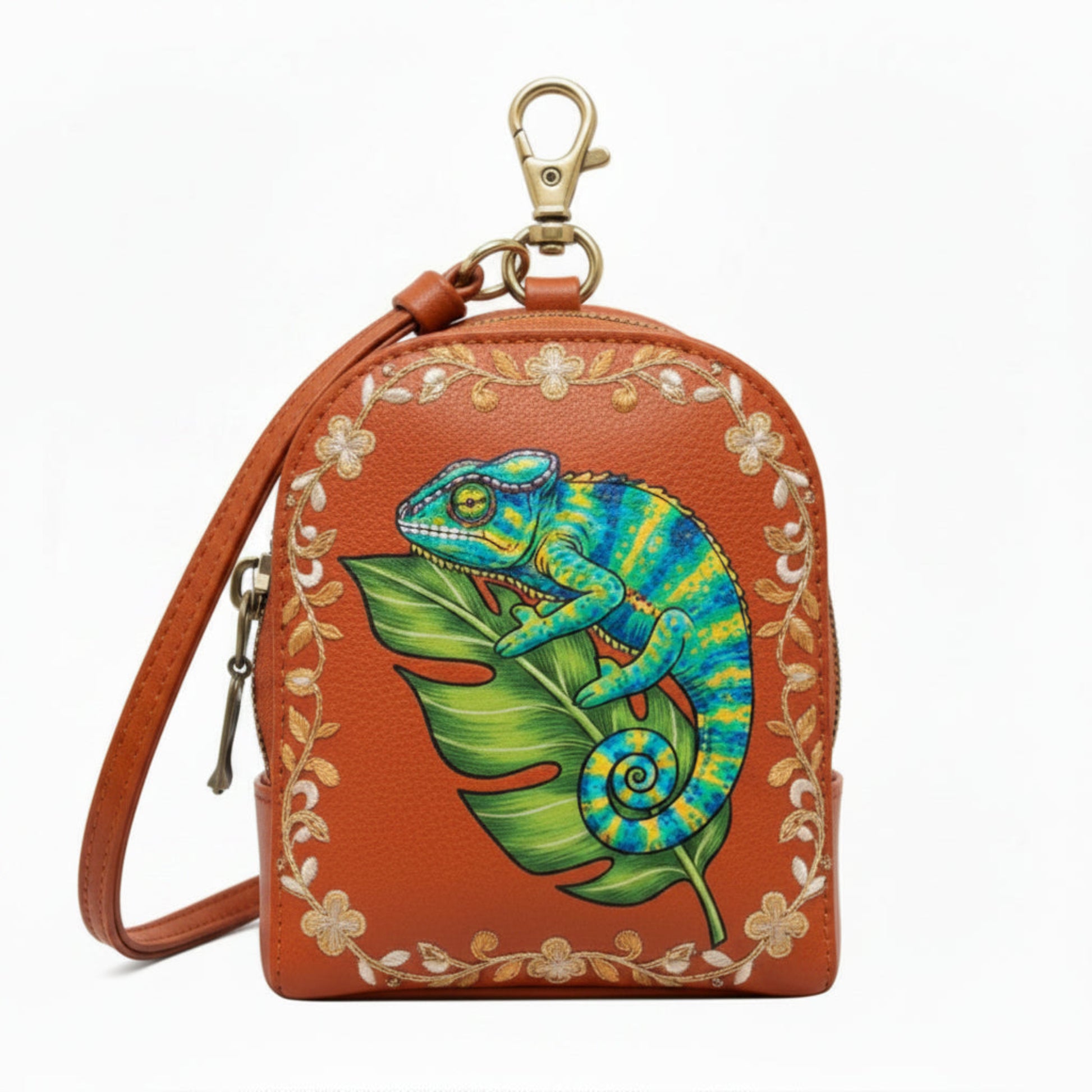 Light In The Space Handmade Leather Chameleon Mini Wristlet Bag - Orange Floral - Multicolor