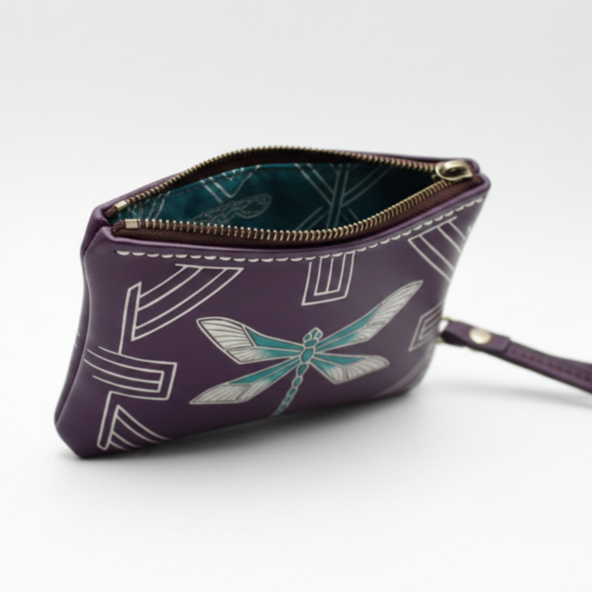 Light In The Space Handmade Leather Dragonfly Coin Purse - Purple / Teal / White 