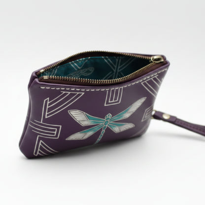 Light In The Space Handmade Leather Dragonfly Coin Purse - Purple / Teal / White 