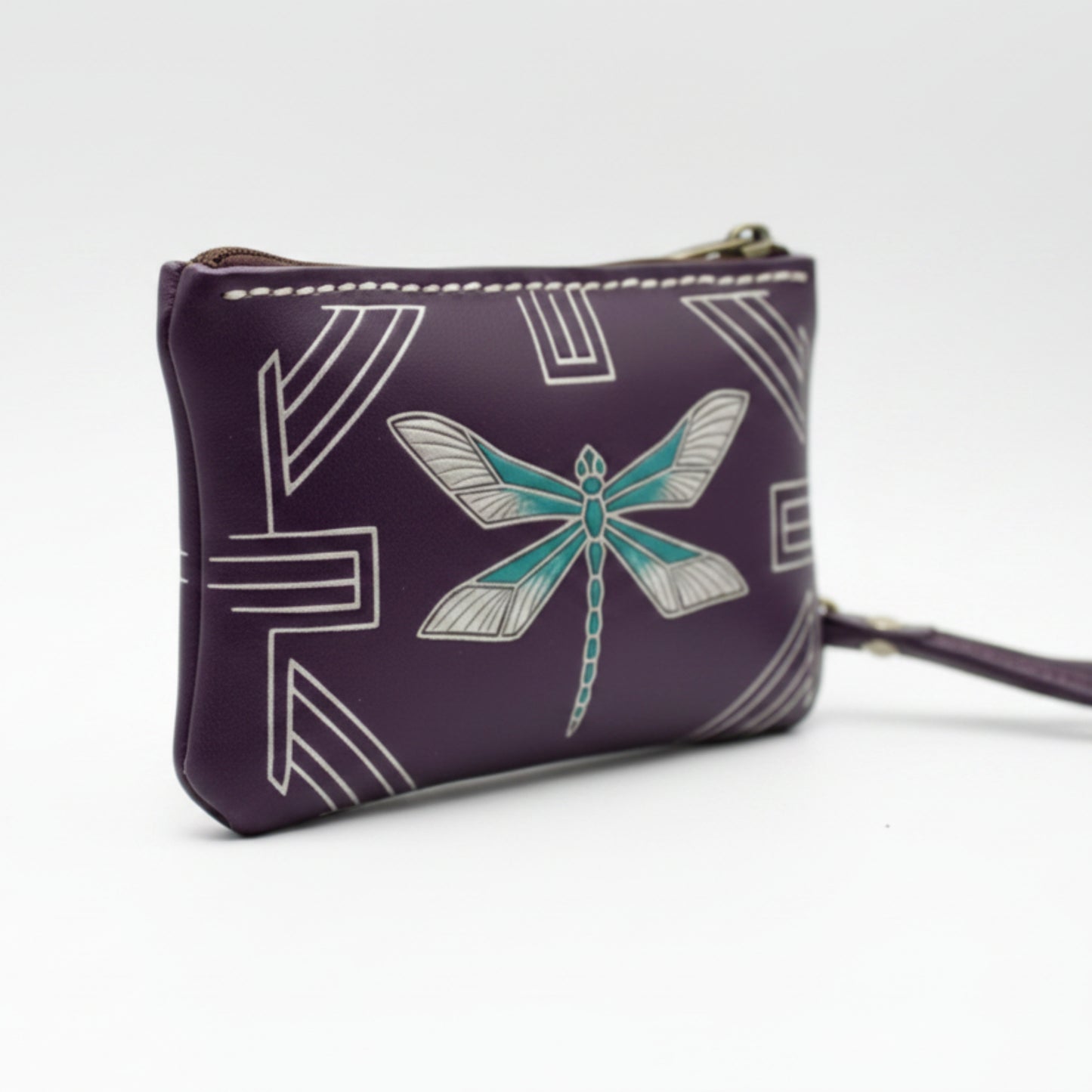 Light In The Space Handmade Leather Dragonfly Coin Purse - Purple / Teal / White Art Deco Wristlet.