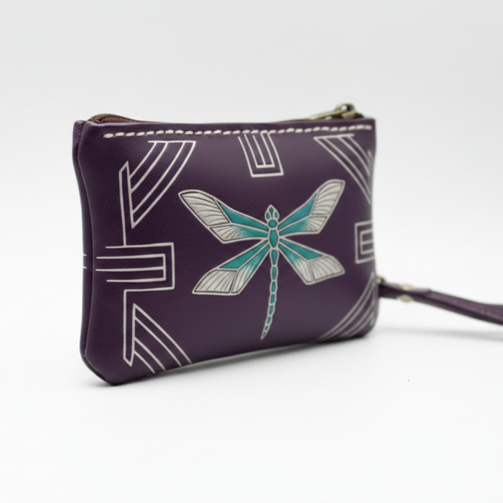 Light In The Space Handmade Leather Dragonfly Coin Purse - Purple / Teal / White Art Deco Wristlet.