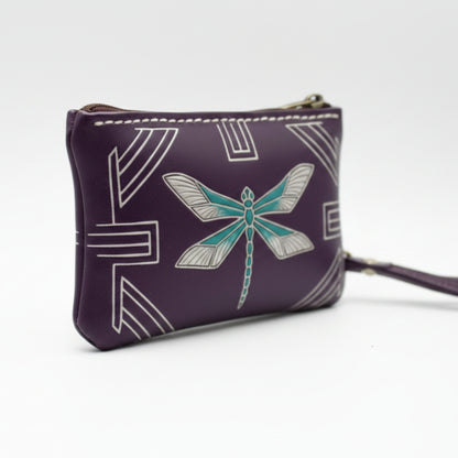 Light In The Space Handmade Leather Dragonfly Coin Purse - Purple / Teal / White Art Deco Wristlet.
