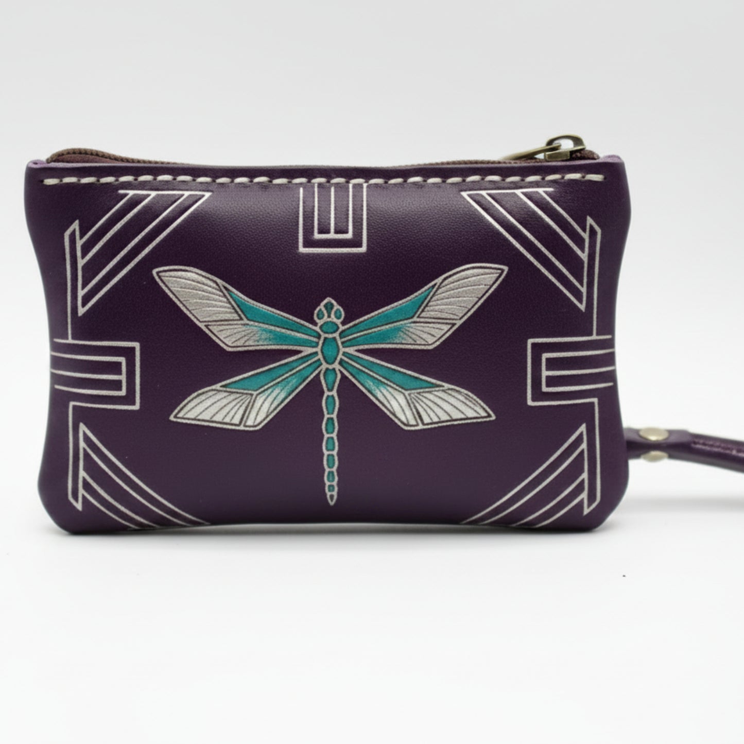 Light In The Space Handmade Leather Dragonfly Coin Purse - Purple / Teal / White Art Deco Wristlet