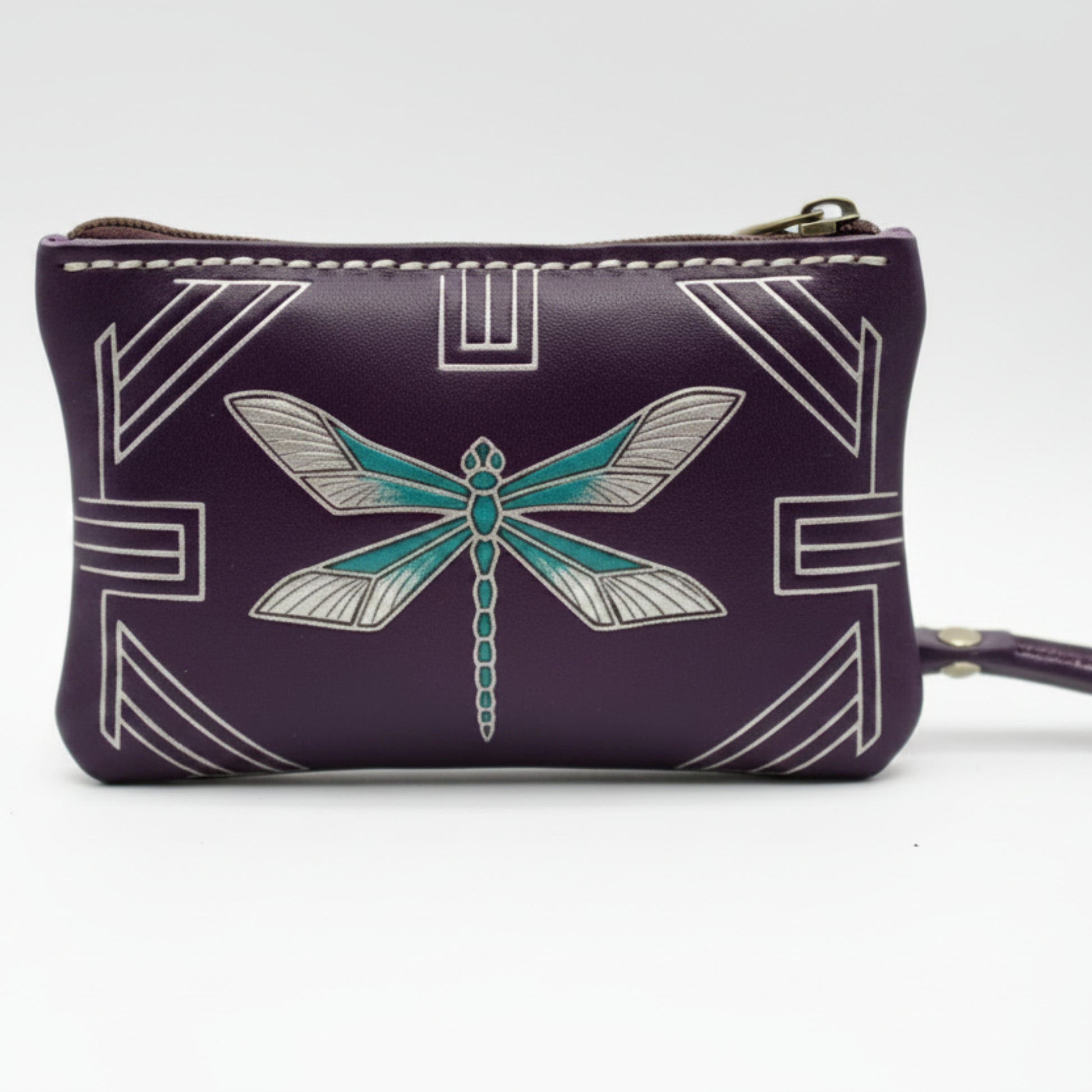 Light In The Space Handmade Leather Dragonfly Coin Purse - Purple / Teal / White Art Deco Wristlet