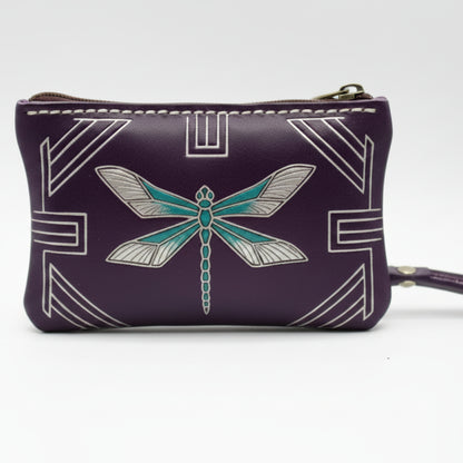 Light In The Space Handmade Leather Dragonfly Coin Purse - Purple / Teal / White Art Deco Wristlet
