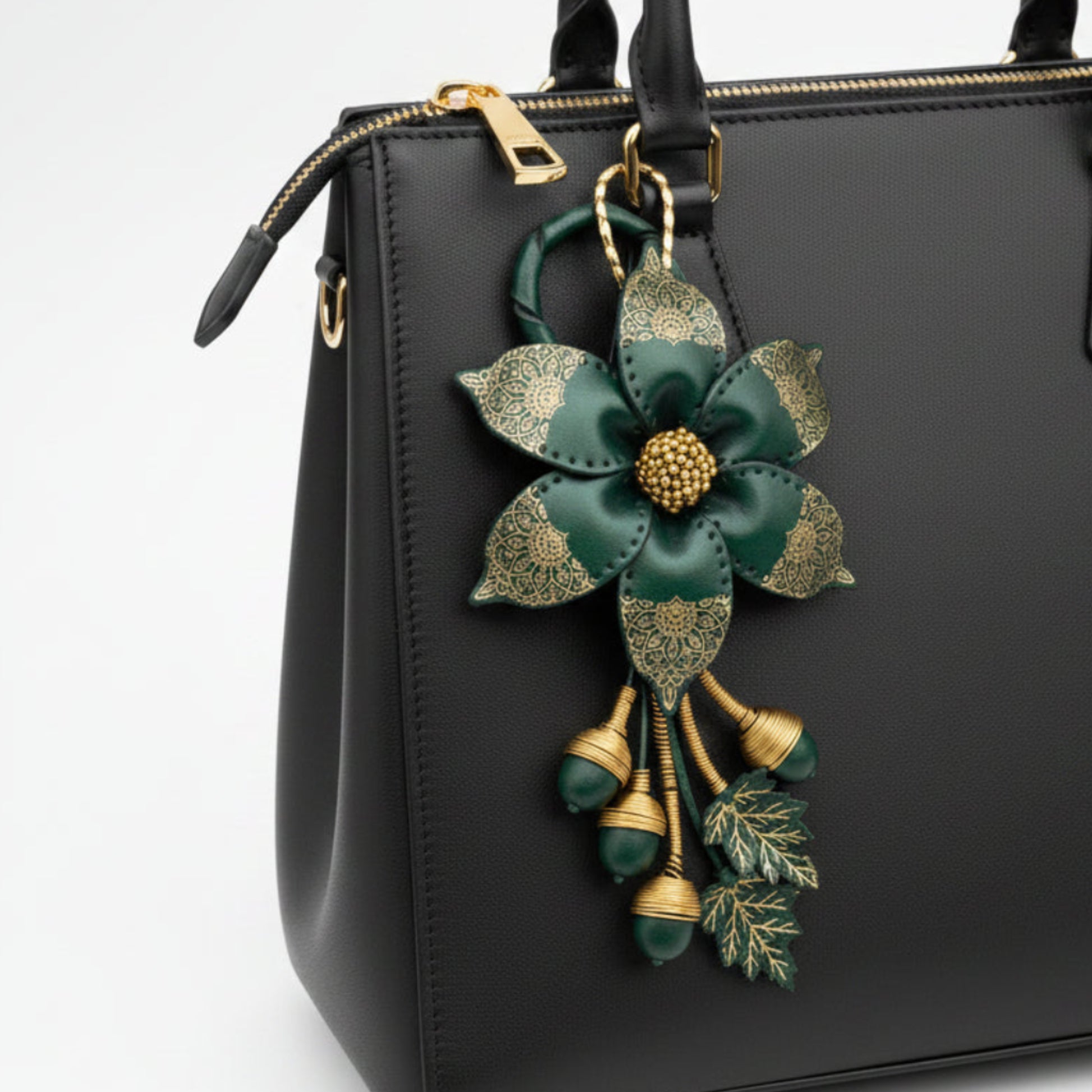 Light In The Space Handmade Leather Flower Bag Charm - Dark Green / Gold Mandala Boho Accessory.