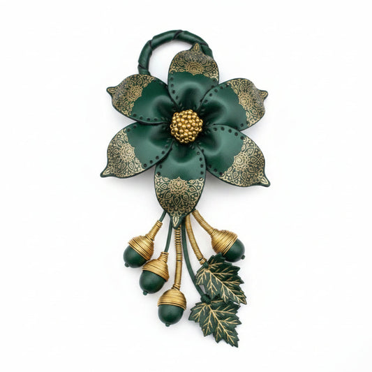Light In The Space Handmade Leather Flower Bag Charm - Dark Green / Gold Mandala Boho Accessory