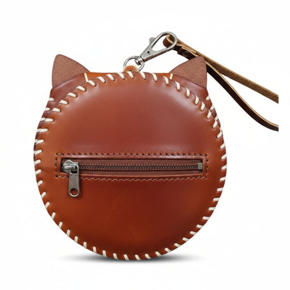 Light In The Space Handmade Leather Fox Coin Purse - Brown / Cream Cork Accent Animal Wristlet.