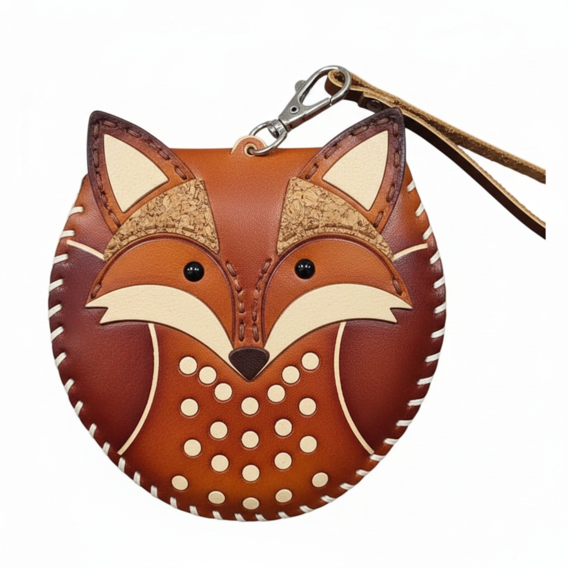 Light In The Space Handmade Leather Fox Coin Purse - Brown / Cream Cork Accent Animal Wristlet