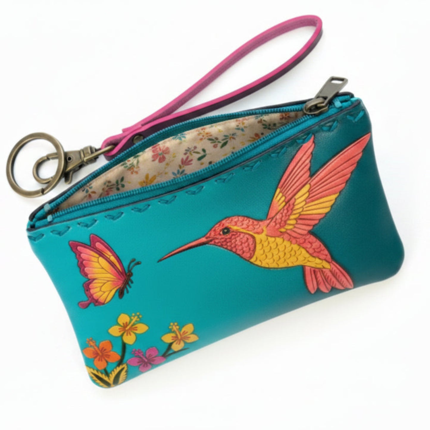 Light In The Space Handmade Leather Hummingbird Coin Purse - Teal / Pink / Yellow Tropical