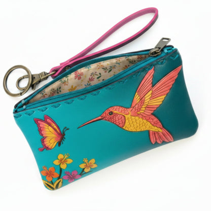 Light In The Space Handmade Leather Hummingbird Coin Purse - Teal / Pink / Yellow Tropical