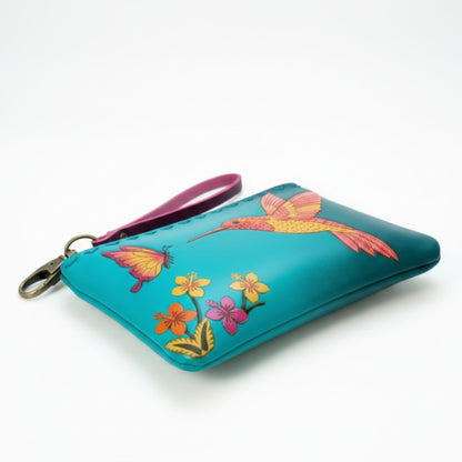 Light In The Space Handmade Leather Hummingbird Coin Purse - Teal / Pink / Yellow Tropical Wristlet.